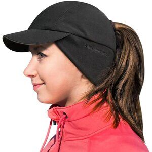 Women's Black Winter Ponytail Reflective Drop Down Ear Warmer Fleece Running Hat